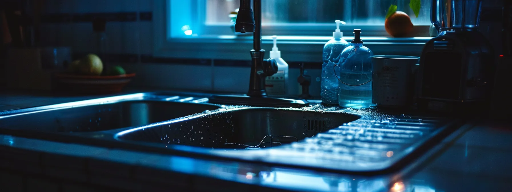 a serene kitchen with gleaming, organized countertops and a sparkling, unclogged sink illuminated by soft, natural light, symbolizing effective preventative maintenance for drains.