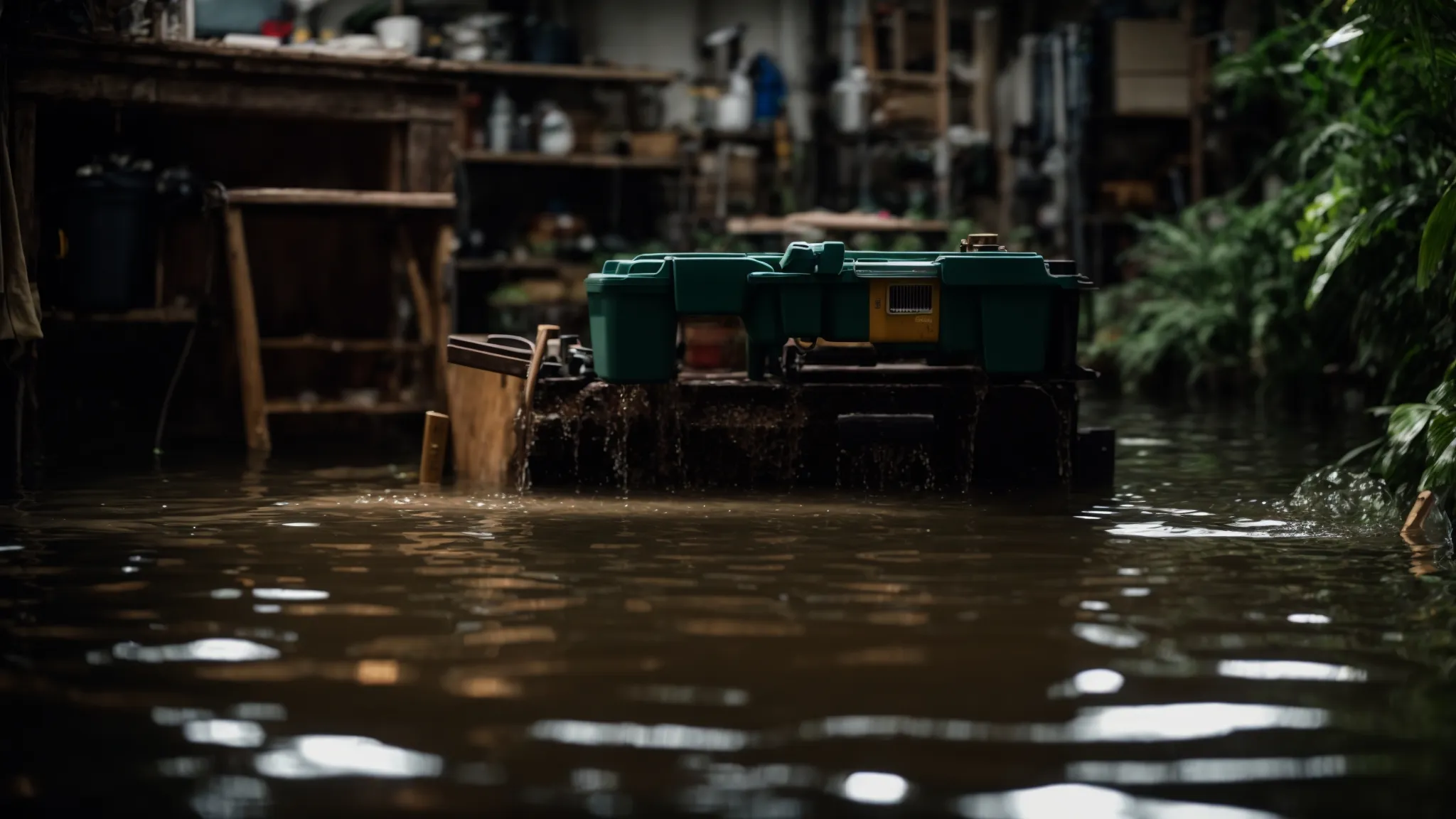 a visually compelling scene of a flooded basement filled with murky water, highlighting a frustrated homeowner surrounded by ineffective diy tools, contrasting the urgency of seeking professional drain services to prevent further damage.