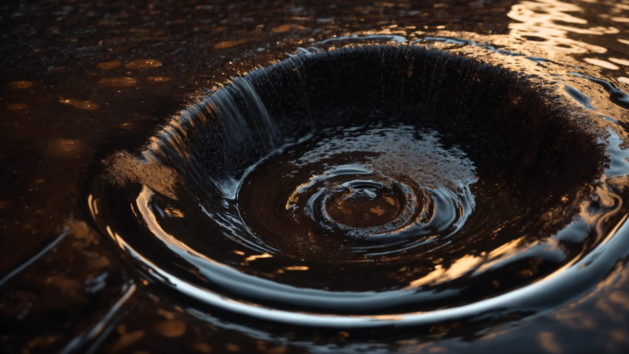 a vividly illustrated close-up of a drain with water swirling ominously around multiple obstructions, set against a backdrop of saturated soil and a pooling puddle, illuminated by dramatic, overhead lighting to emphasize the urgency of plumbing issues.