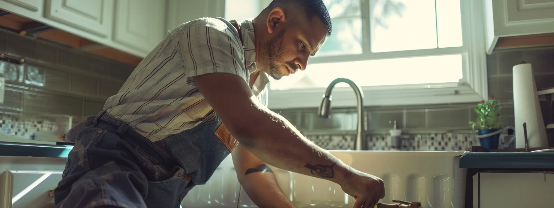 a hispanic plumber inspecting a kitchen drain in a modern suburban home